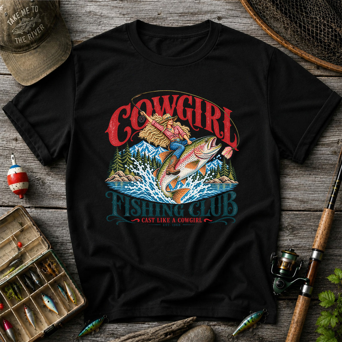 Cowgirl Riding Trout Fishing Club Graphic T-Shirt