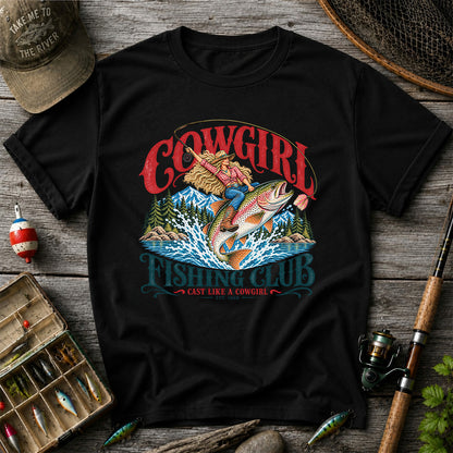 Cowgirl Riding Trout Fishing Club Graphic T-Shirt