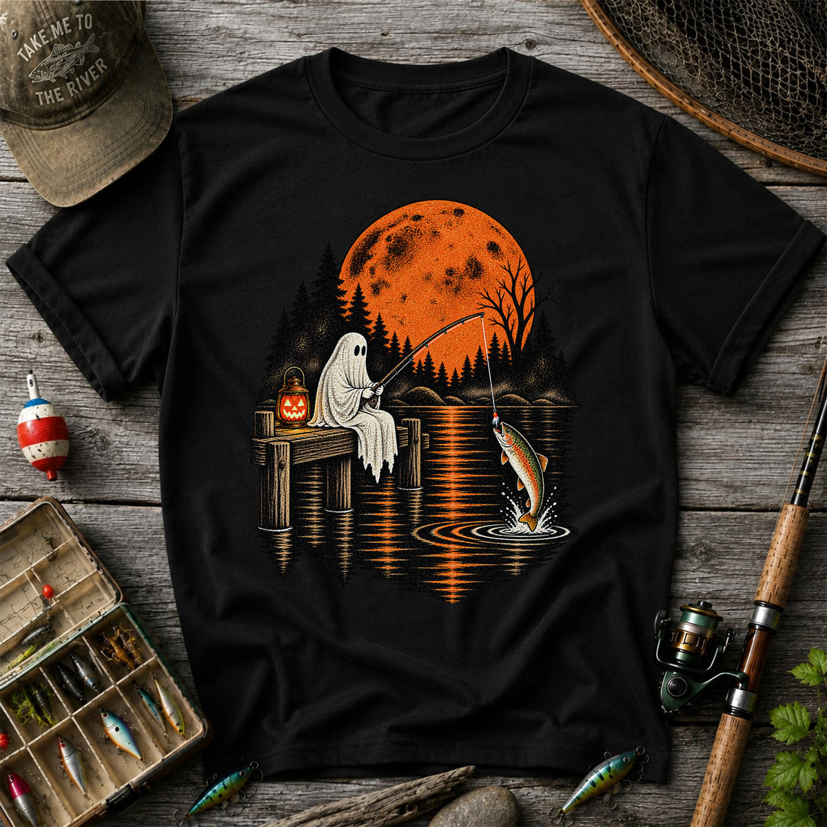 Ghost Fishing for Rainbow Trout Under an Orange Moon Halloween T-Shirt
