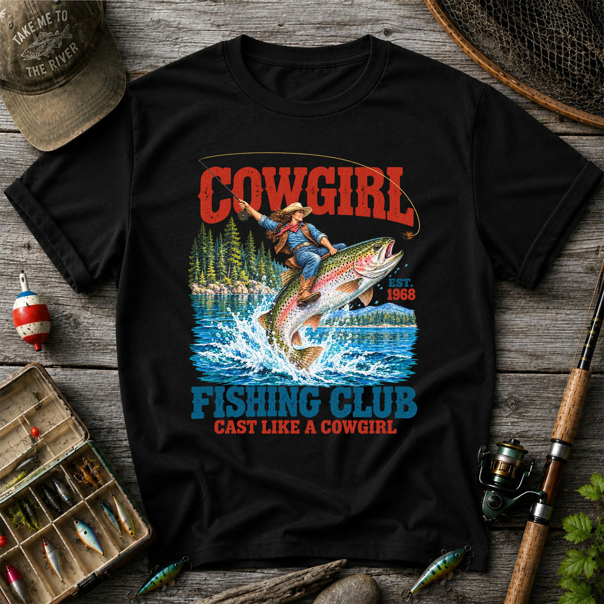 Cowgirl Riding Rainbow Trout Fishing Club T-Shirt