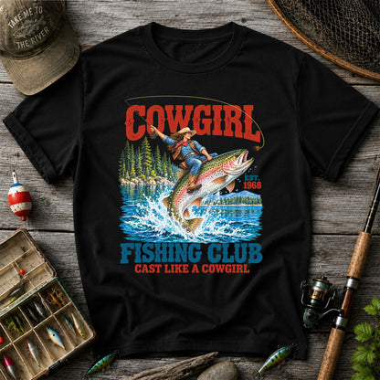 Cowgirl Riding Rainbow Trout Fishing Club T-Shirt