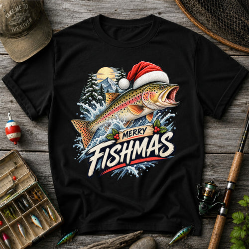 Merry Fishmas Santa Hat Rainbow Trout Fishing Graphic T-Shirt