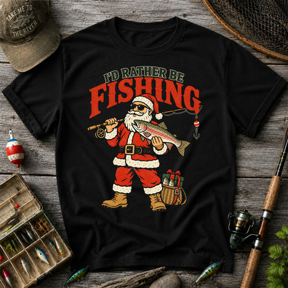 I'd Rather Be Fishing Santa Holding Rainbow Trout Christmas T-Shirt