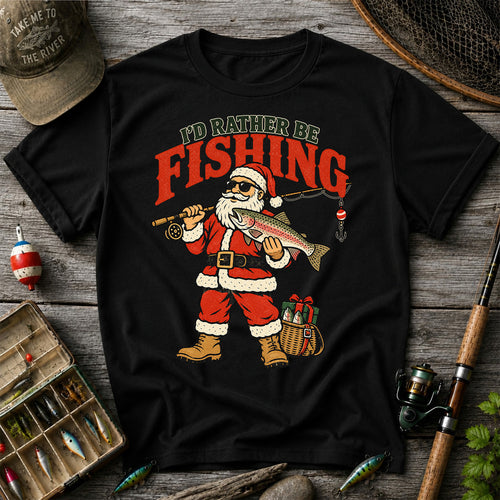 I'd Rather Be Fishing Santa Holding Rainbow Trout Christmas T-Shirt