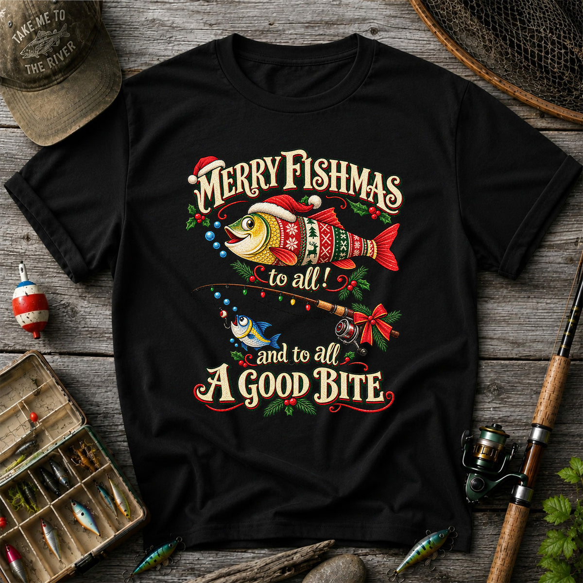 Merry Fishmas to All and to All a Good Bite Christmas Fishing T-Shirt