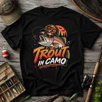 Trout in Camo Halloween Rainbow Trout Fishing Graphic T-Shirt