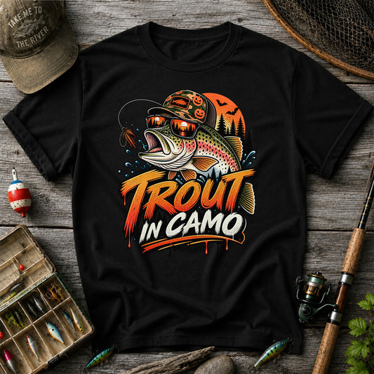 Trout in Camo Halloween Rainbow Trout Fishing Graphic T-Shirt