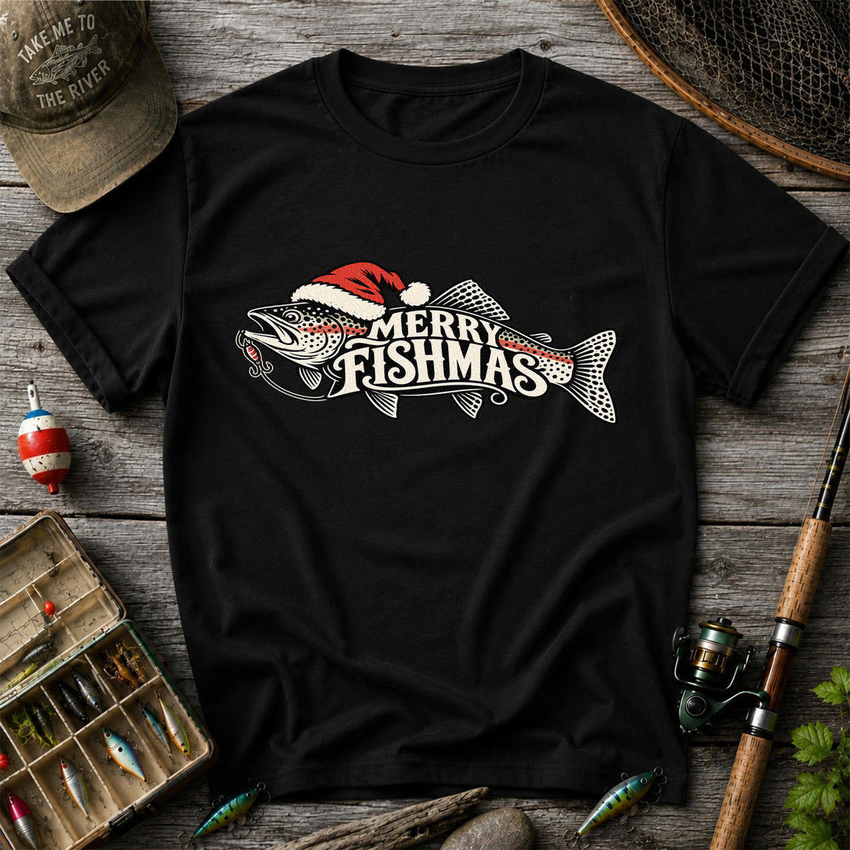 Merry Fishmas Rainbow Trout with Red Santa Hat and Lure Fishing T-Shirt