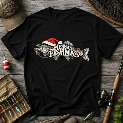 Merry Fishmas Rainbow Trout with Red Santa Hat and Lure Fishing T-Shirt