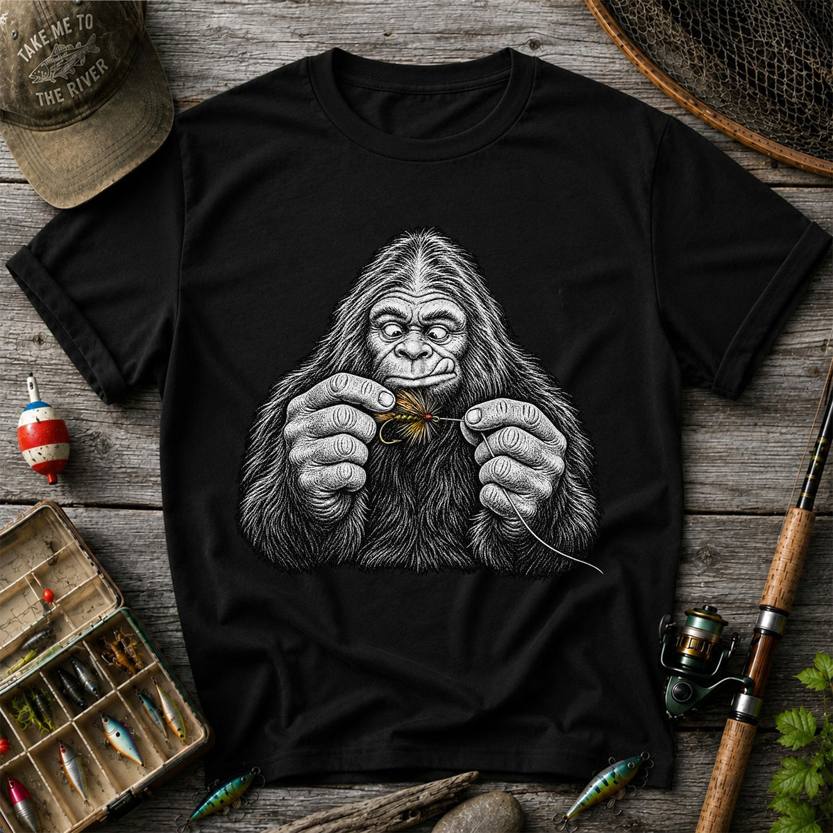 Bigfoot Tying a Fly Fishing Lure Graphic T-Shirt