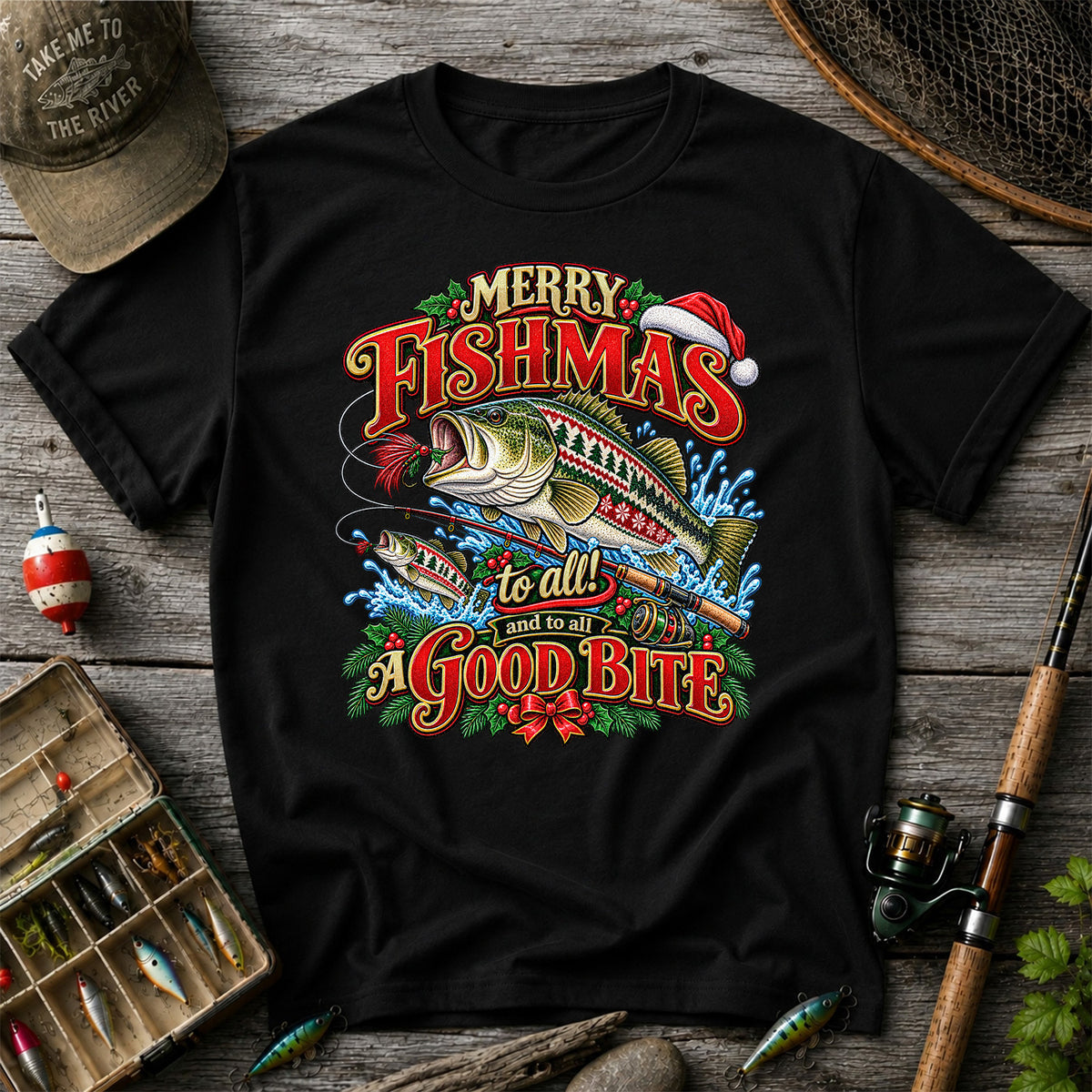 Merry Fishmas Christmas Sweater Pattern Bass Fishing T-Shirt