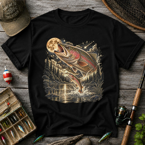 Moonlit Rainbow Trout Jumping from Mountain Lake Graphic T-Shirt