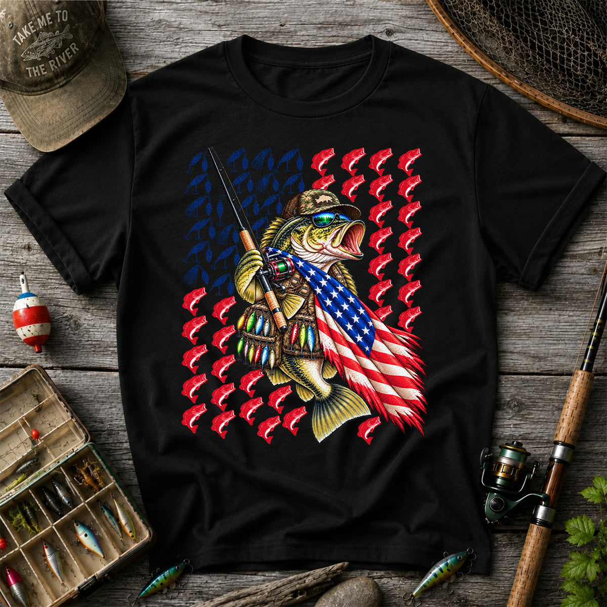 Patriotic Bass Fishing Graphic T-Shirt with American Flag Design