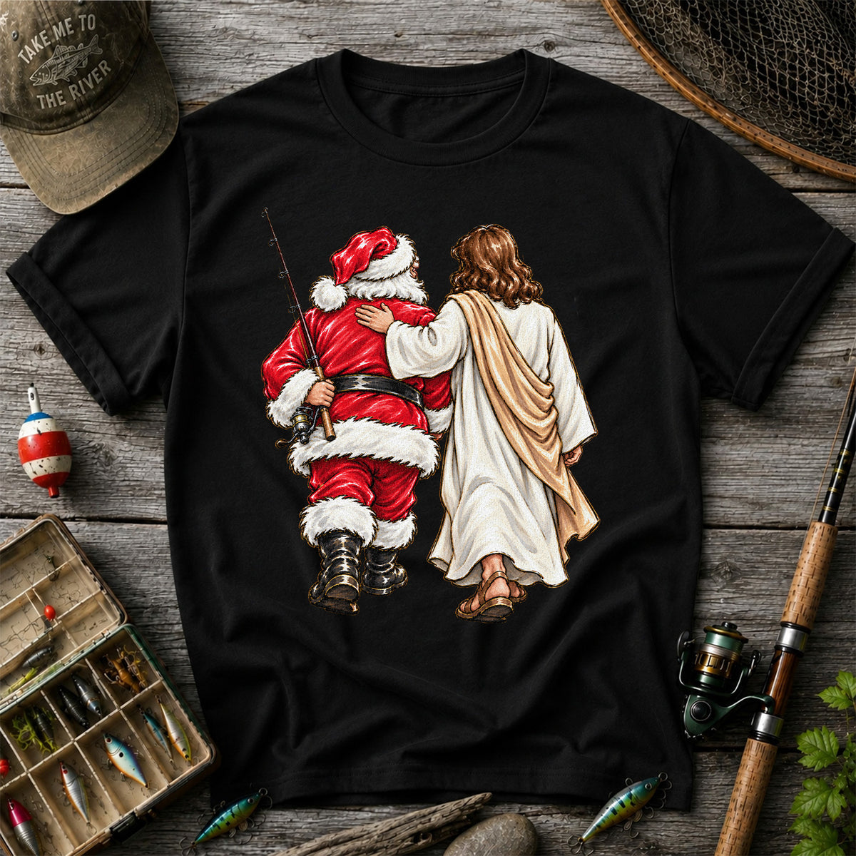 Santa and Robed Companion Fishing Graphic T-Shirt
