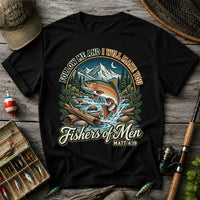 Follow Me and I Will Make You Fishers of Men Matt 4:19 Rainbow Trout Mountain River Fishing T-Shirt