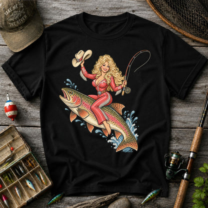 Cowgirl Riding a Rainbow Trout Western Fishing Graphic T-Shirt