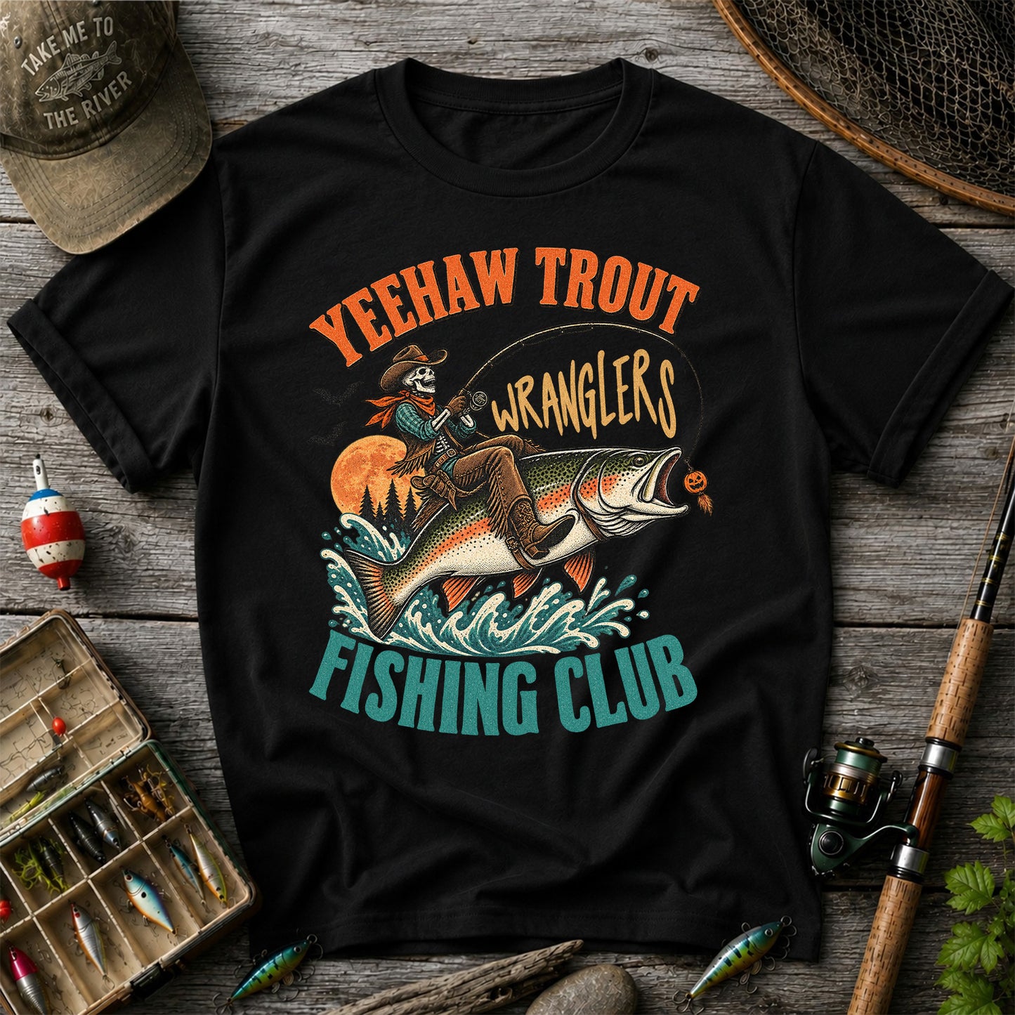 Yeehaw Trout Wranglers Fishing Club Cowboy Skeleton T-Shirt