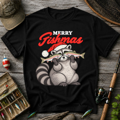Santa Raccoon Holding Fish Christmas Fishing Graphic T-Shirt
