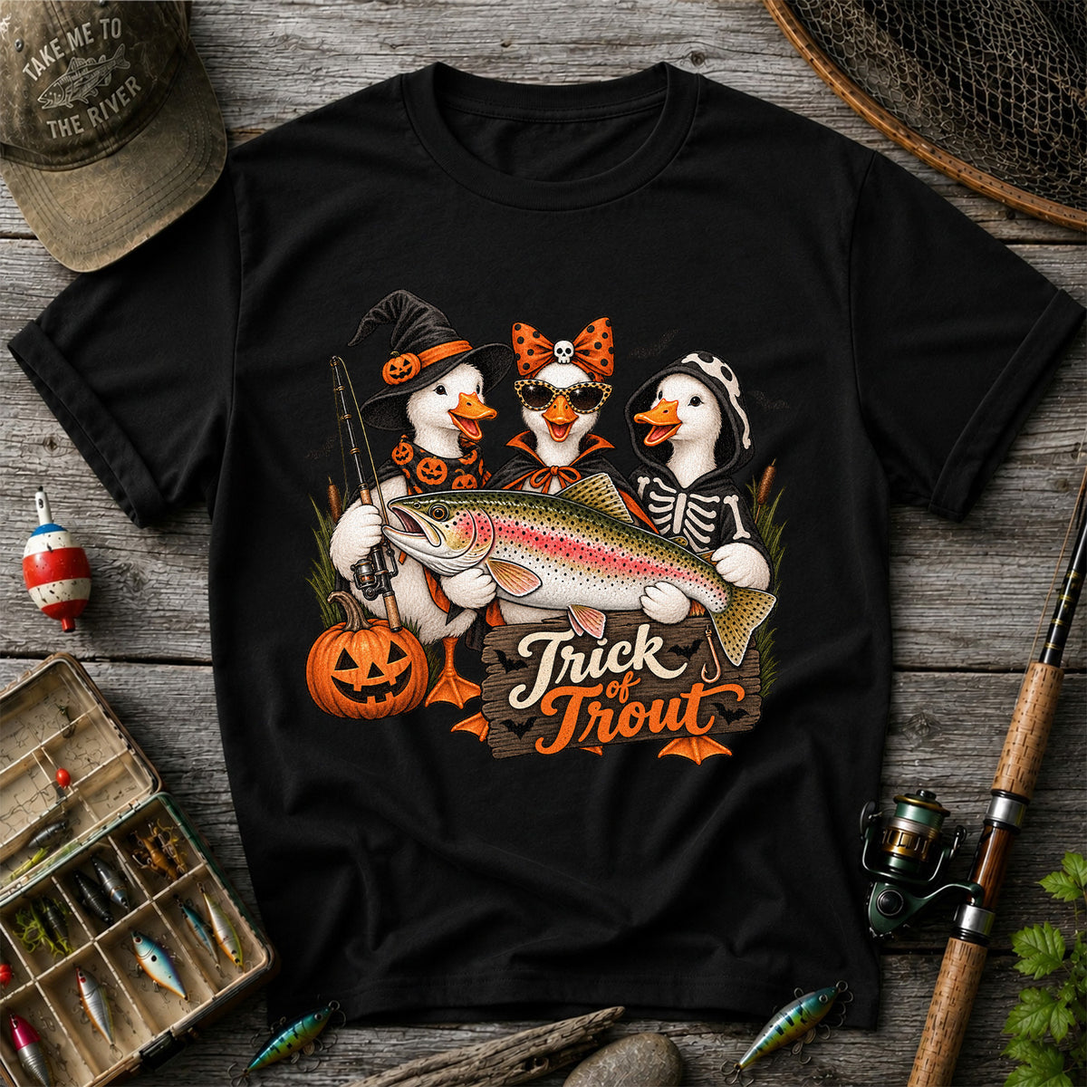 Trick of Trout Halloween Ducks with Rainbow Trout Fishing T-Shirt