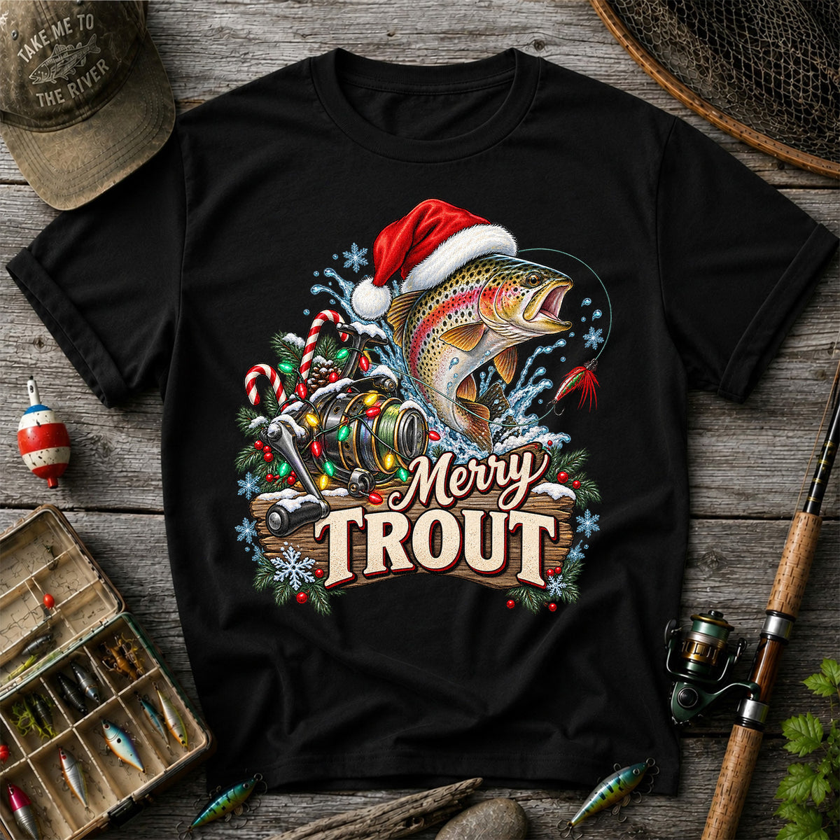 Merry Trout Christmas Rainbow Trout and Fishing Reel T-Shirt