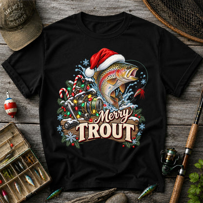 Merry Trout Christmas Rainbow Trout and Fishing Reel T-Shirt