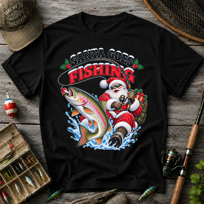 Santa Goes Fishing Rainbow Trout Christmas Graphic T-Shirt