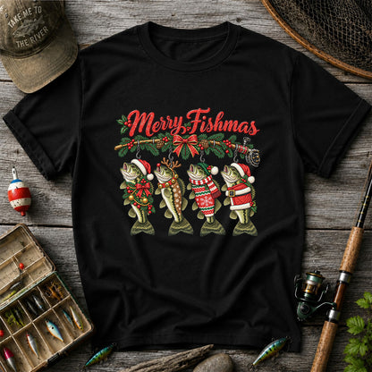 Merry Fishmas Christmas Bass Fishing Graphic T-Shirt