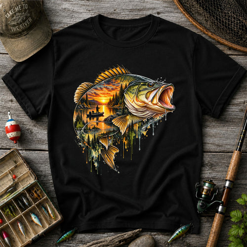 Largemouth Bass Sunset Lake Landscape Fishing Graphic T-Shirt