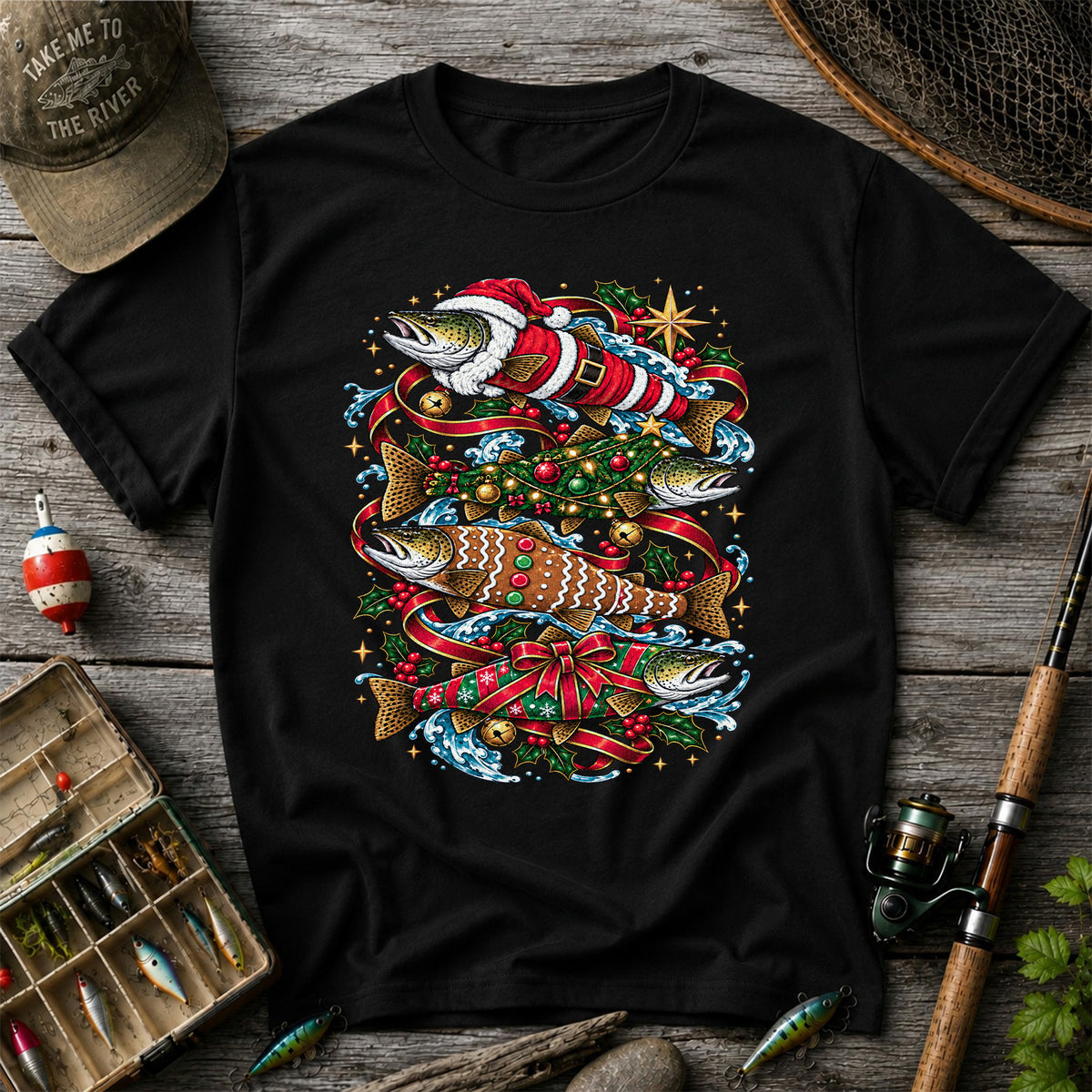Santa and Gingerbread Trout Christmas Fishing Graphic T-Shirt