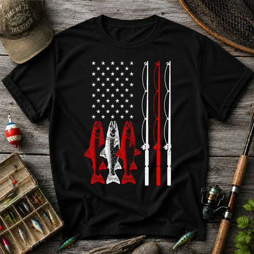 American Flag Trout and Fishing Rods Patriotic T-Shirt