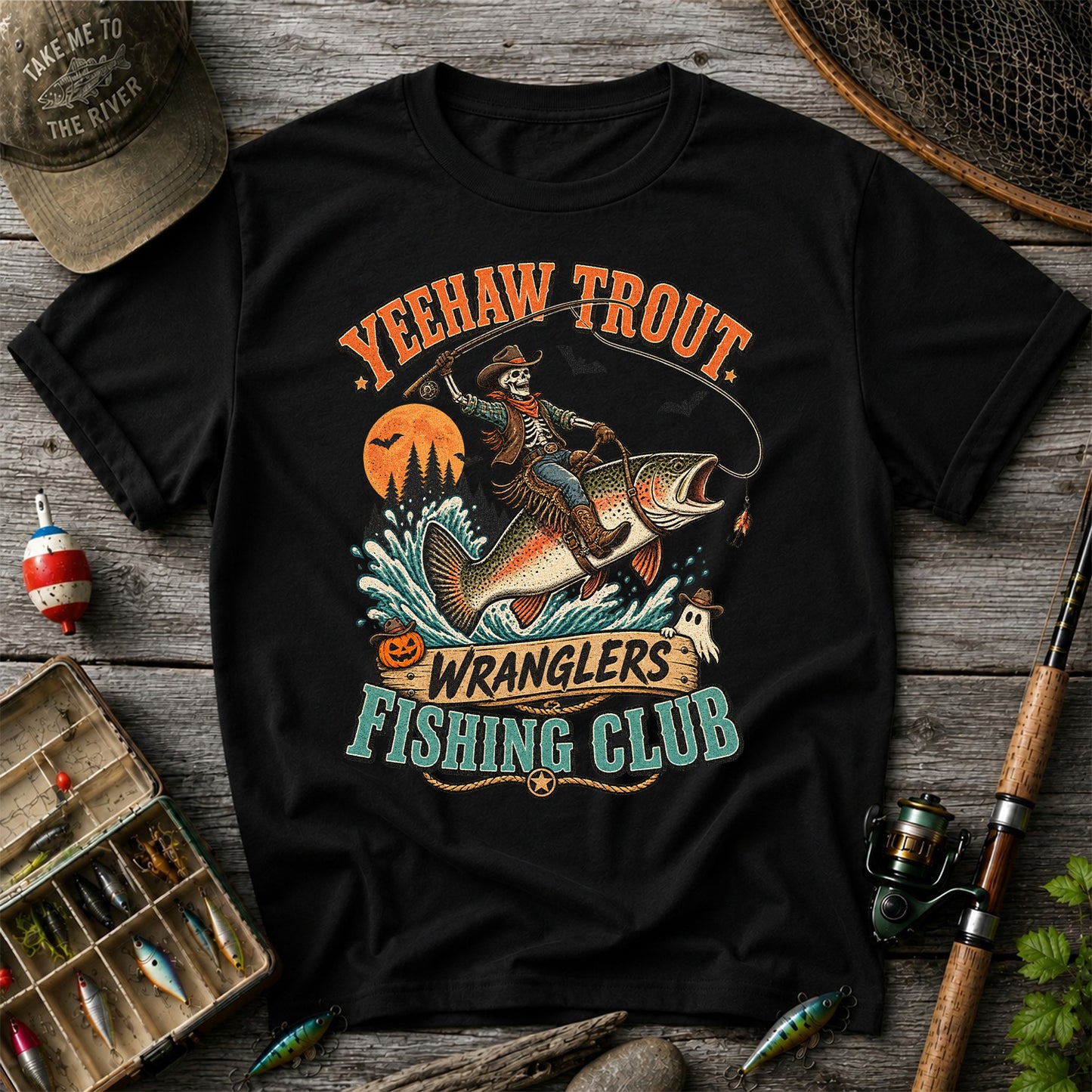 Yeehaw Trout Wranglers Fishing Club Halloween Skeleton Cowboy T-Shirt