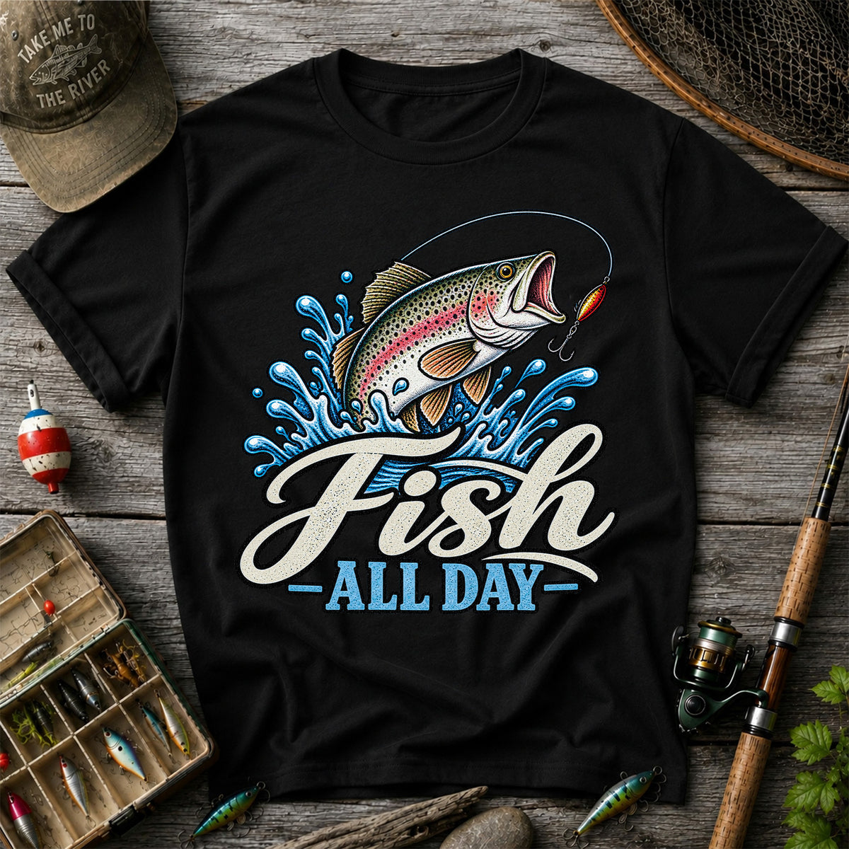 Fish All Day Jumping Rainbow Trout Fishing Graphic T-Shirt