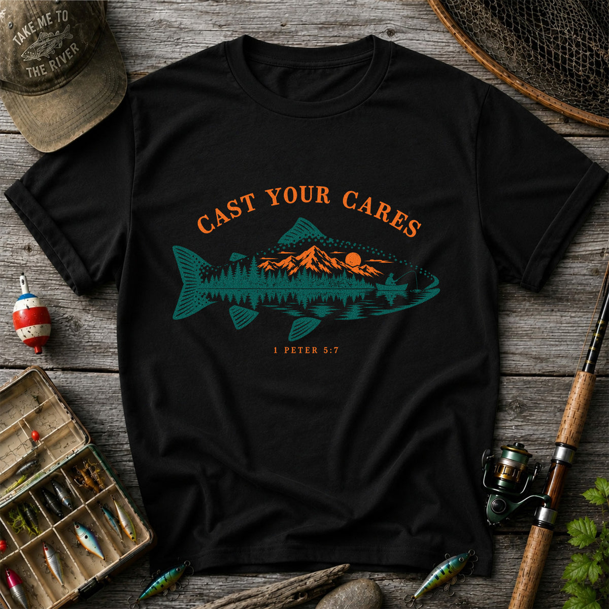 Cast Your Cares 1 Peter 5:7 Fish Silhouette Mountain Lake Fishing T-Shirt