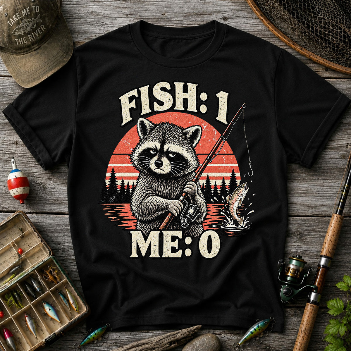 Fish: 1 Me: 0 Funny Raccoon Trout Fishing T-Shirt
