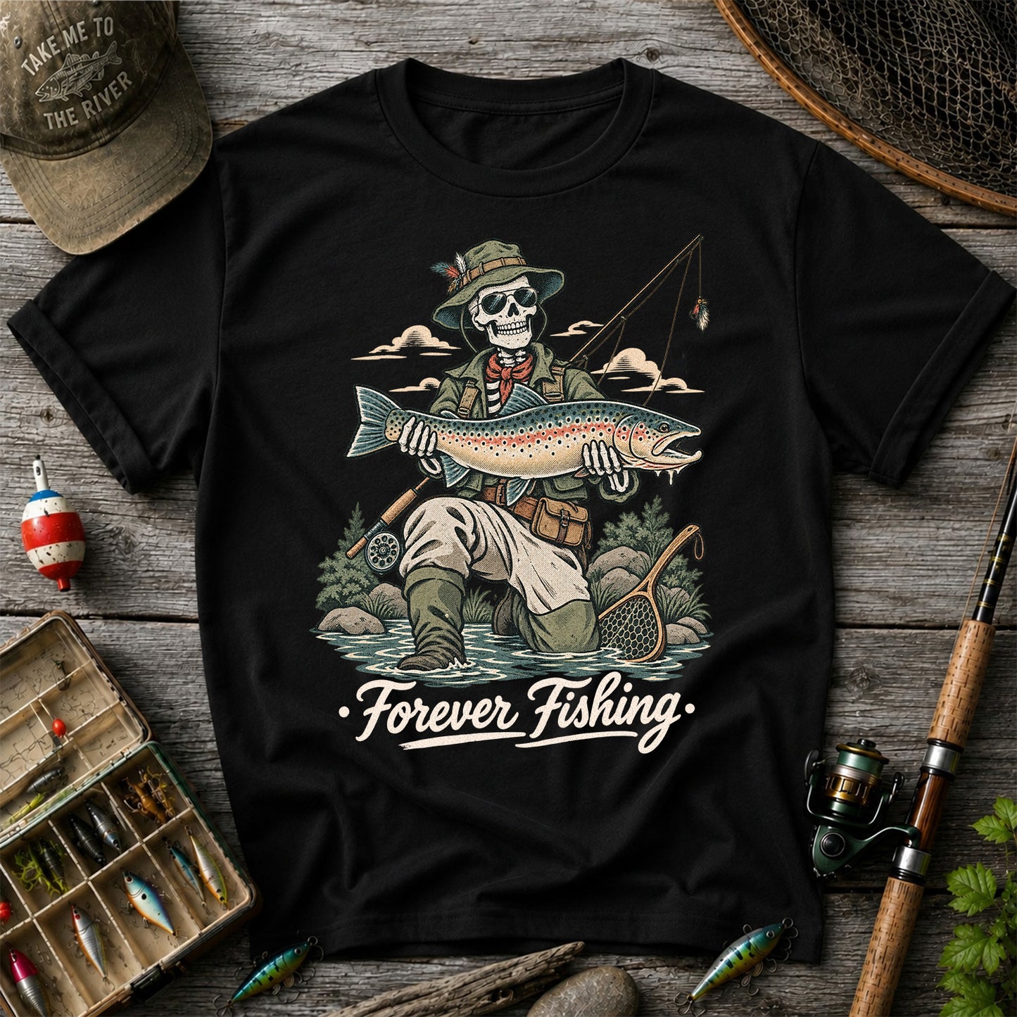 Forever Fishing Skeleton Angler with Rainbow Trout Graphic T-Shirt