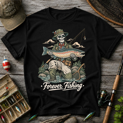 Forever Fishing Skeleton Angler with Rainbow Trout Graphic T-Shirt