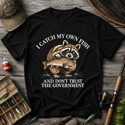 Raccoon Holding Rainbow Trout Fishing Graphic T-Shirt