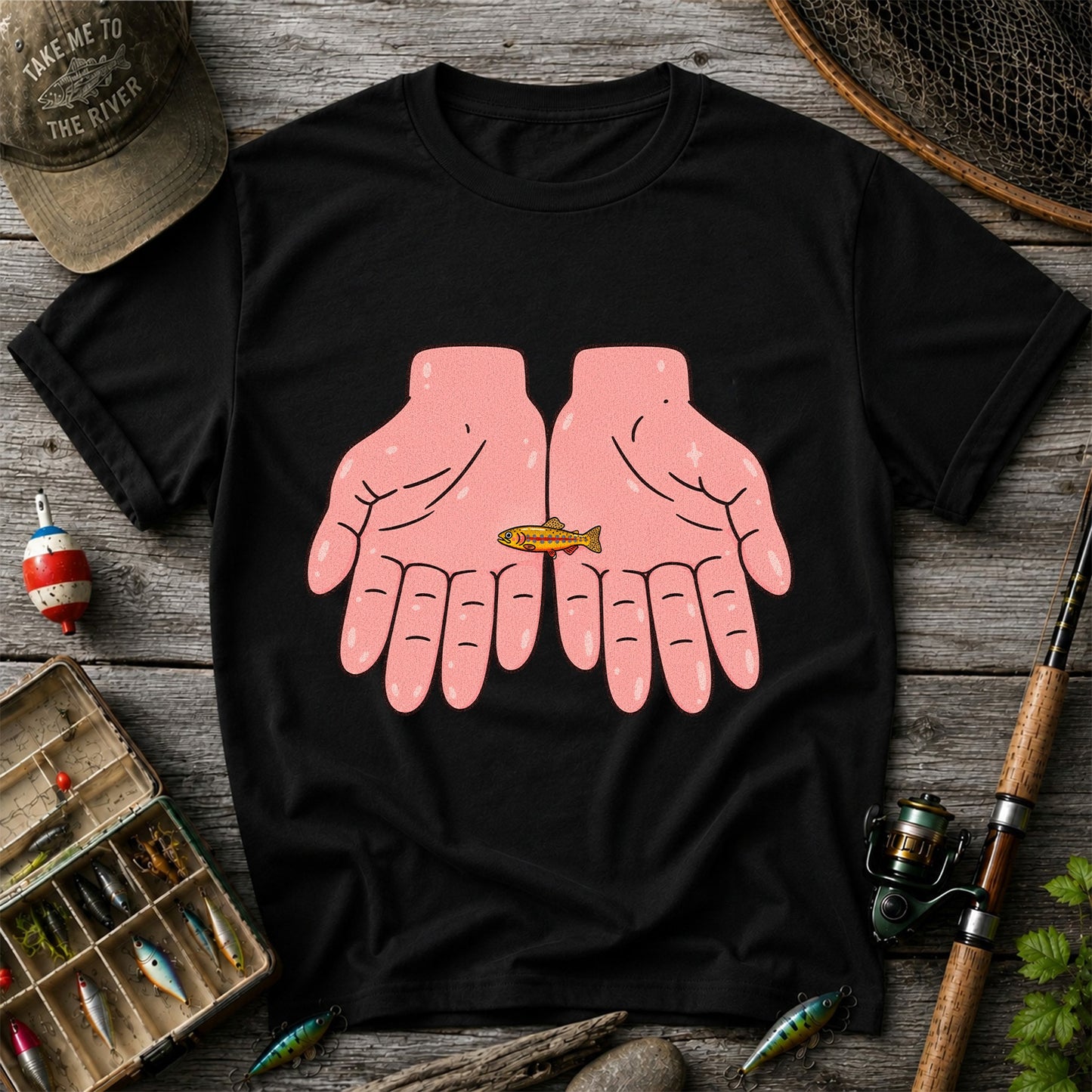 Tiny Rainbow Trout in Two Hands Cute Fishing Graphic T-Shirt