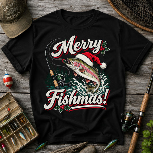 Merry Fishmas Rainbow Trout in Santa Hat Christmas Fishing T-Shirt, Trout Fishing