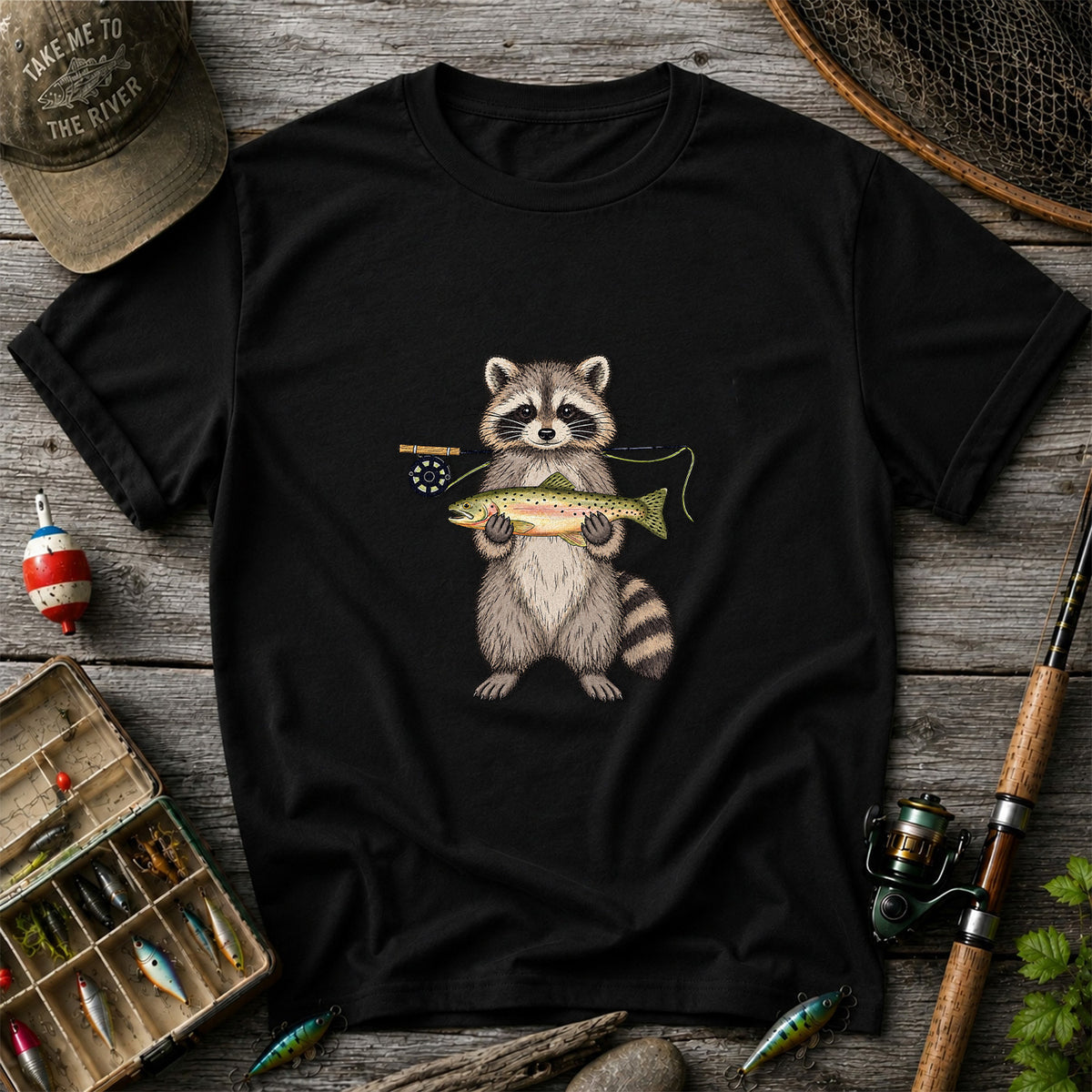 Cute Raccoon Holding Rainbow Trout Fly Fishing Graphic T-Shirt
