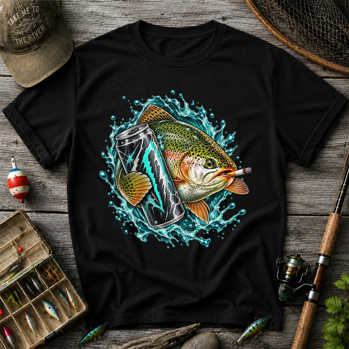 Rainbow Trout with Cigarette and Energy Drink Fishing T-Shirt