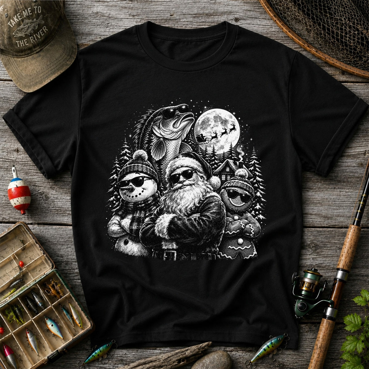 Santa Snowman Gingerbread and Bass Christmas Fishing T-Shirt