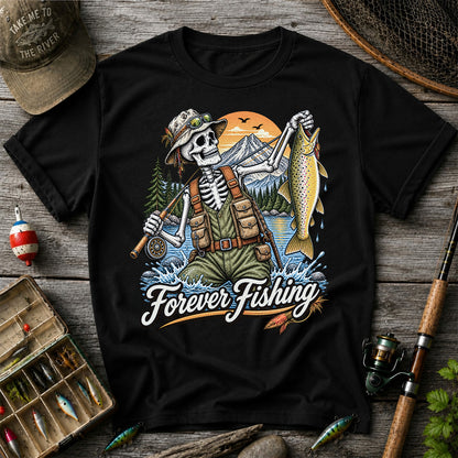 Forever Fishing Skeleton Angler Holding Brown Trout Graphic T-Shirt