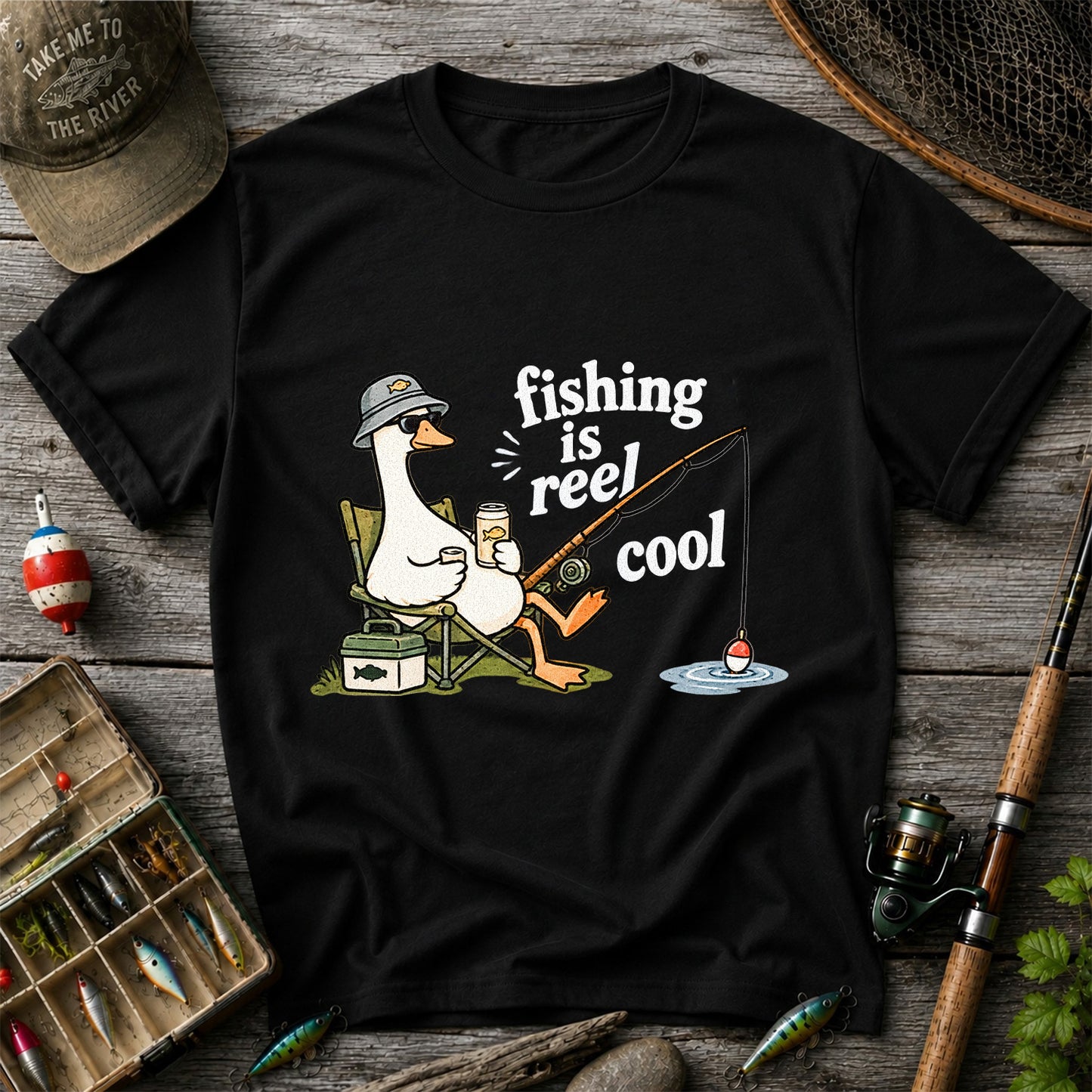 Fishing Is Reel Cool Funny Fishing Goose Graphic T-Shirt