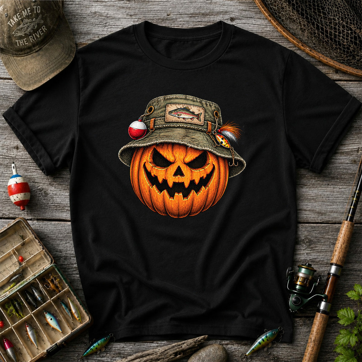 Halloween Pumpkin in a Trout Fishing Hat Graphic T-Shirt