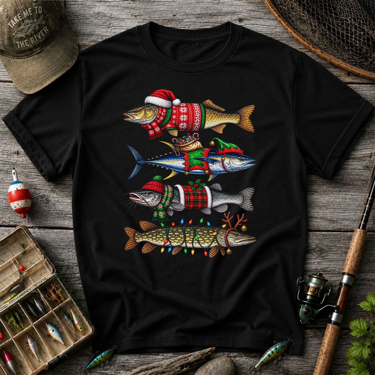 Christmas Fish in Festive Sweaters Fishing Graphic T-Shirt