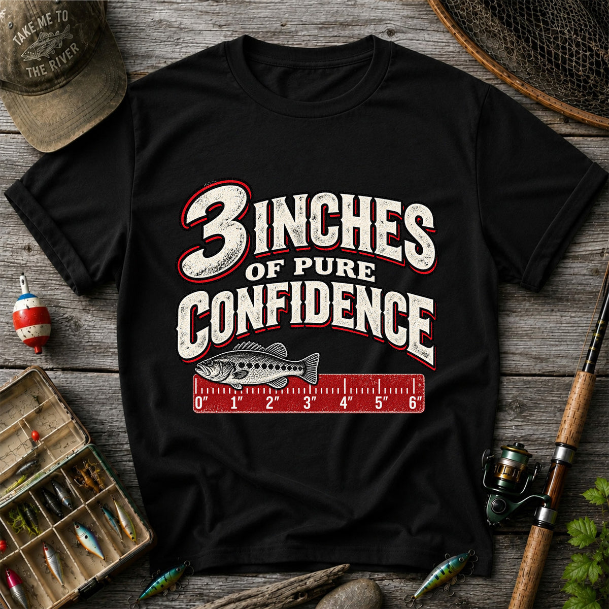 3 Inches of Pure Confidence Bass and Ruler Funny Fishing T-Shirt