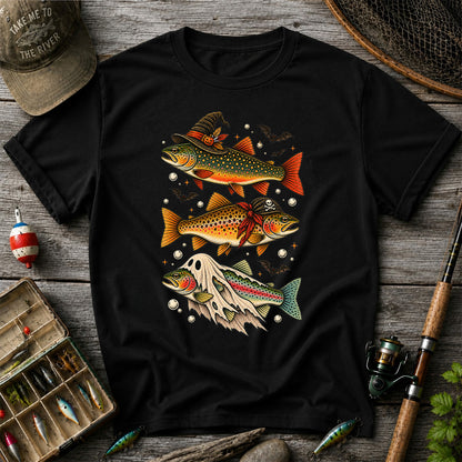 Halloween Trout Trio Witch Pirate and Ghost Fishing T-Shirt