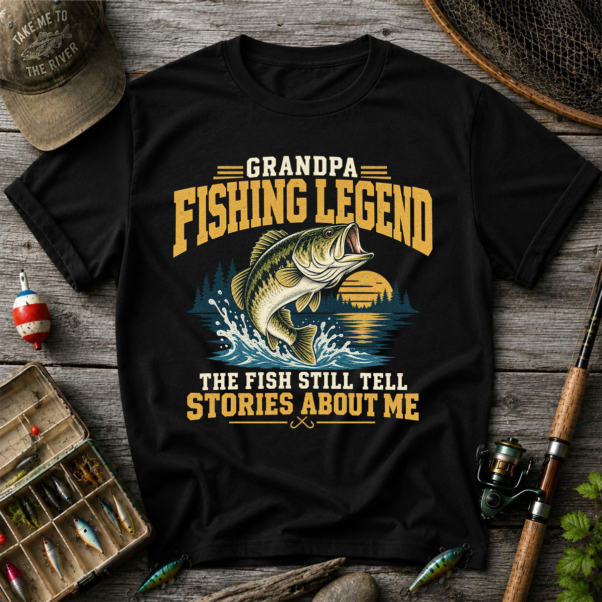 Grandpa Fishing Legend Jumping Bass Vintage Fishing T-Shirt