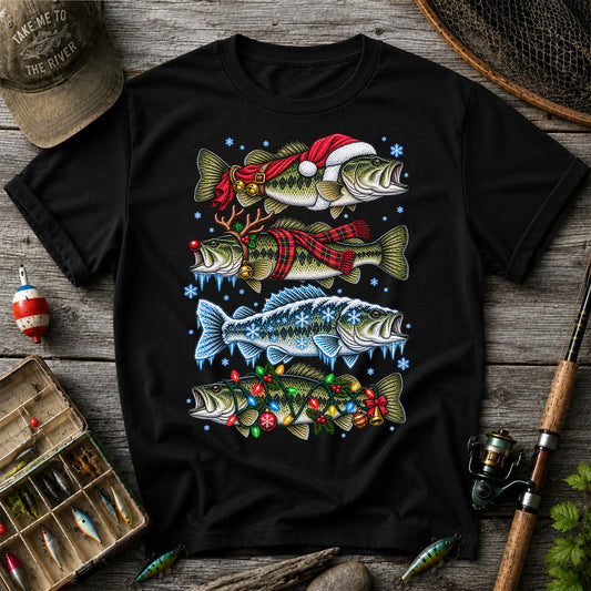 Christmas Bass with Santa Hat and Holiday Lights Fishing T-Shirt